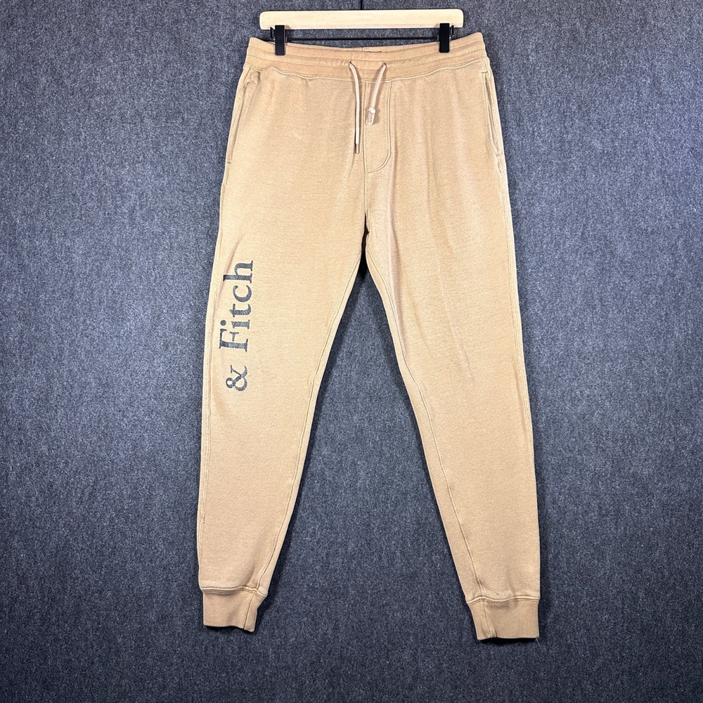 Abercrombie & Fitch Mens Soft A&F Fleece Joggers Tan Khaki Logo Sweatpants M